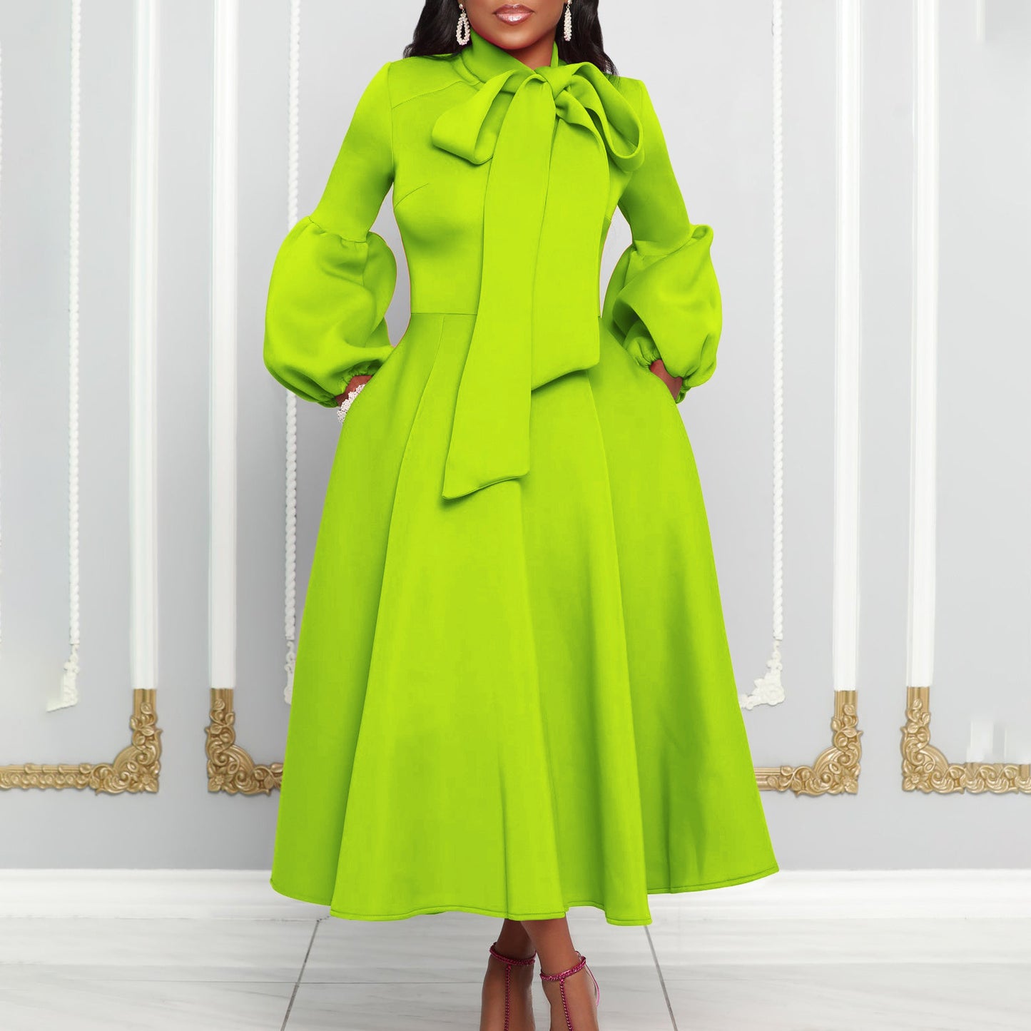 Elegant Puff Sleeve High Waist Dress