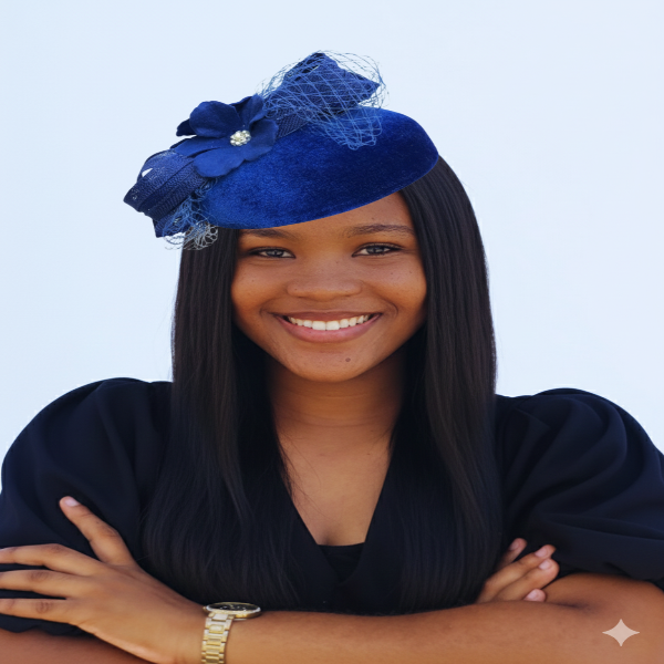Woman smiling, wearing a deep royal blue velvet fascinator trimmed with blue netting and a fabric flower with a rhinestone center.