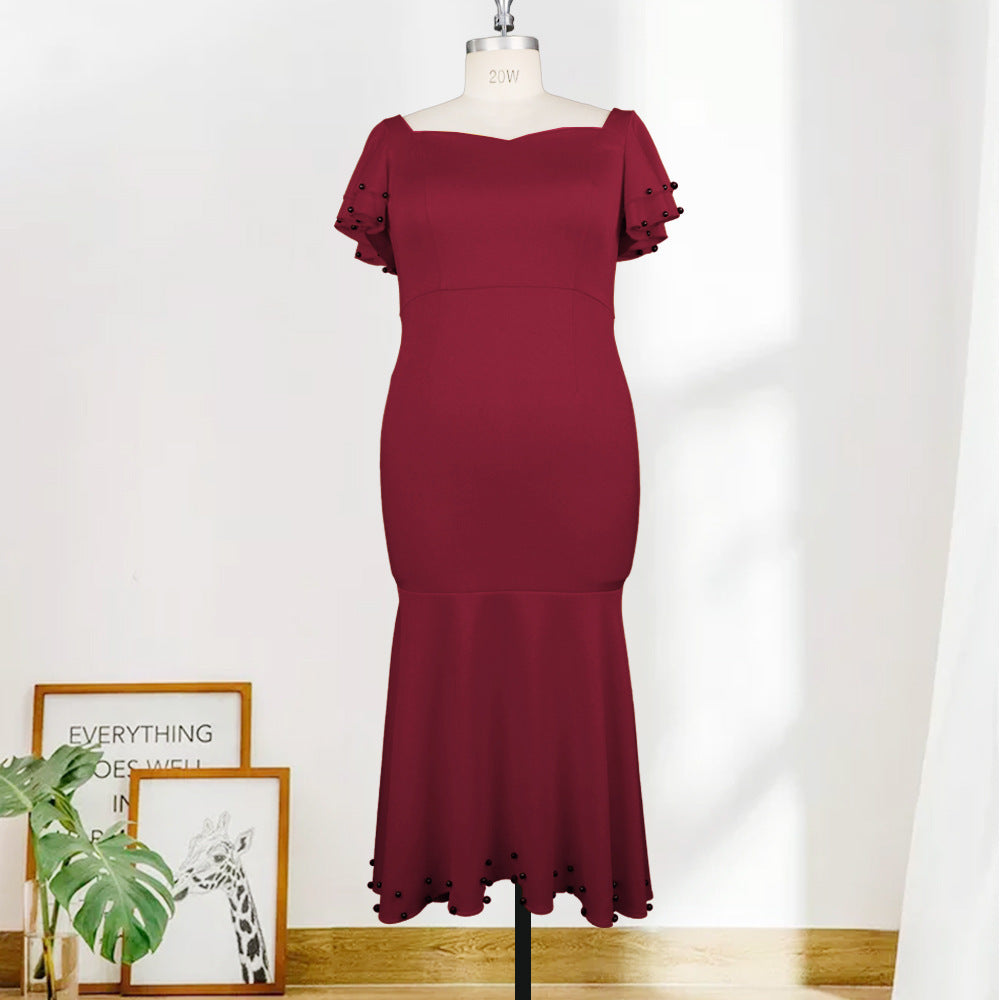 Modest V-neck High Waist Plus Size Ruffle Dress