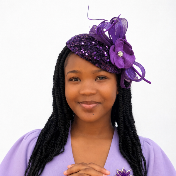Royal Majesty Sequin Pillbox Fascinator Hat – Elegant Deep Purple Church Hat