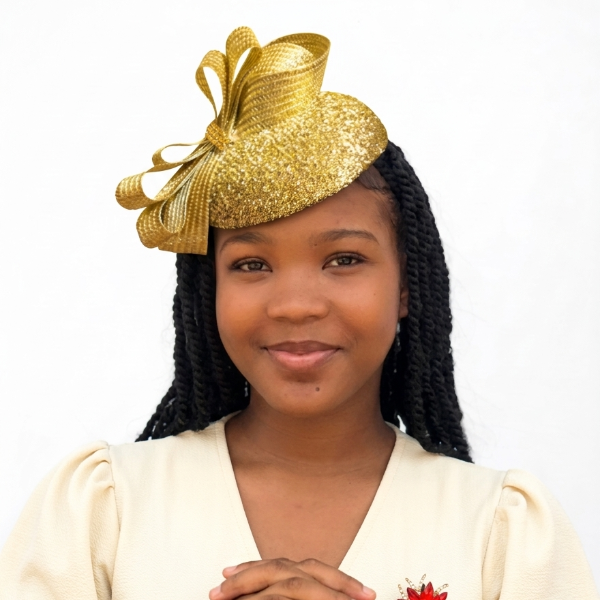Young girl wearing a gold hat and white dress with a red flower on a white background