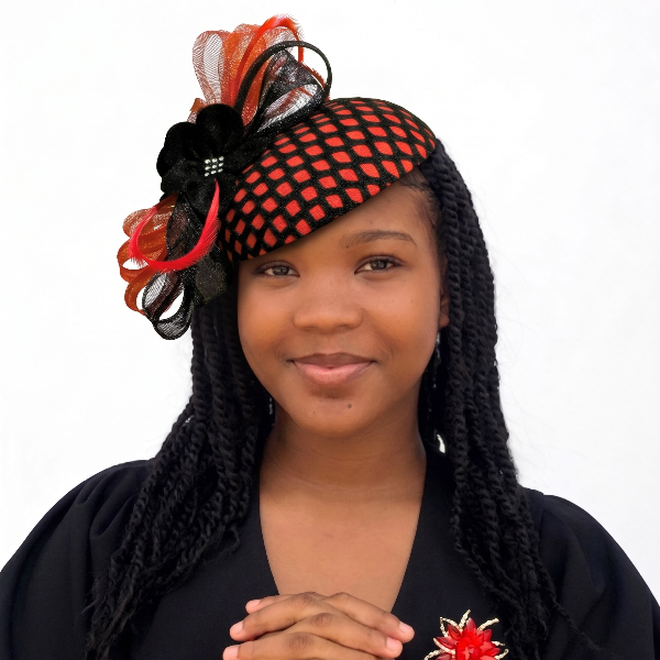 Ember Lattice Fascinator – Elegant Red & Black Geometric Church Hat