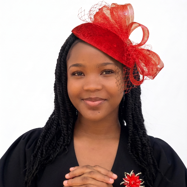 Woman wearing a red decorative headpiece with a white background