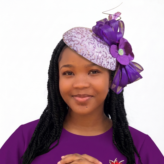 Lavender Lilac Shimmer Fascinator – Elegant Two-Tone Purple Church Hat