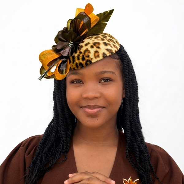 Young girl wearing a decorative headband with flowers and a leopard print design, smiling against a white background.