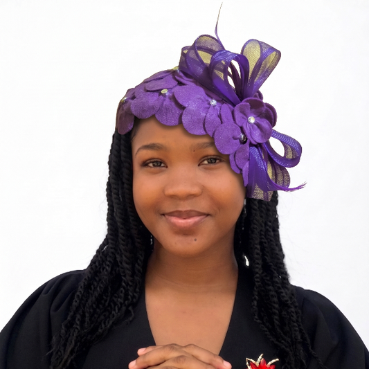 Royal Regency Floral Fascinator – Elegant Purple Petal Church Hat with Jewel Accents