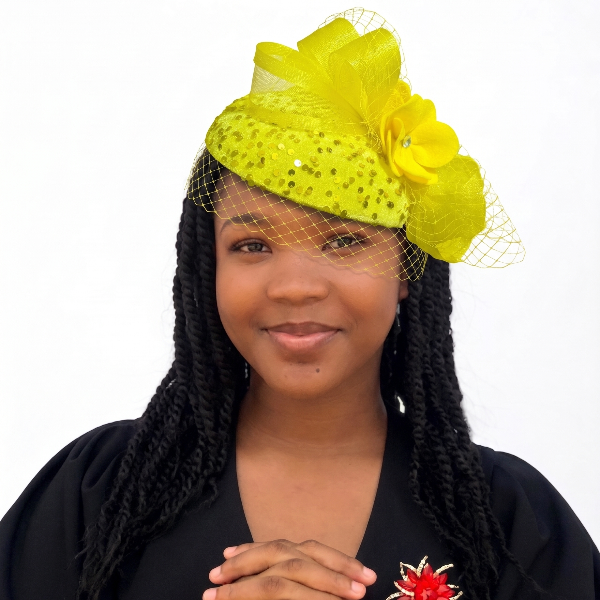 Sun-Kissed Serenity Veiled Fascinator – Elegant Lime Yellow Sequin Church Hat