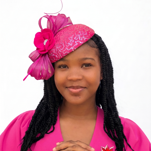 Woman  wearing a pink dress and headband with a flower on a white background