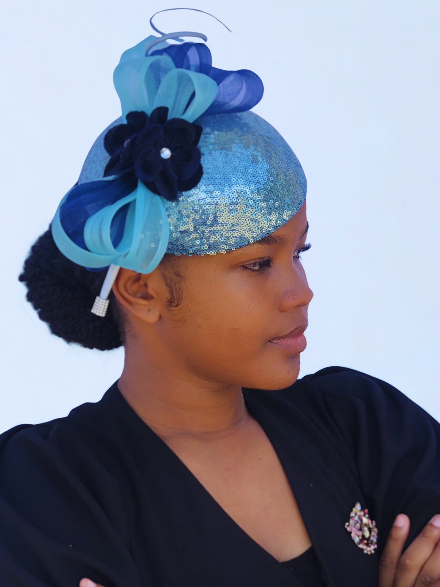 Blue Sequin Fascinator Hat with Bow & Floral Accent