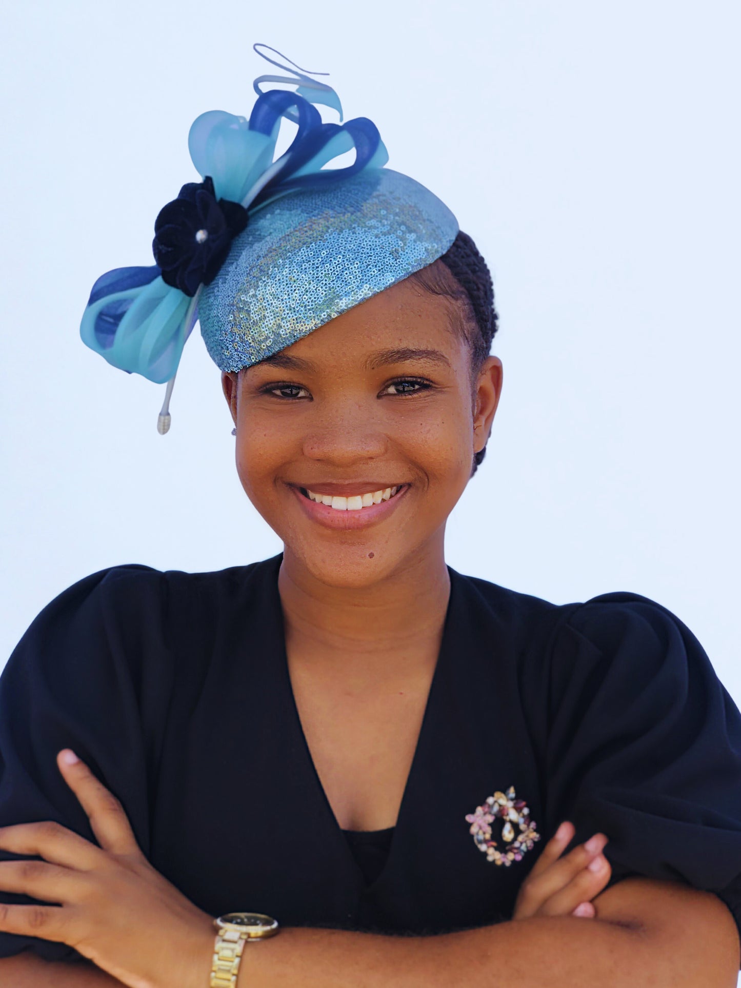 Blue Sequin Fascinator Hat with Bow & Floral Accent