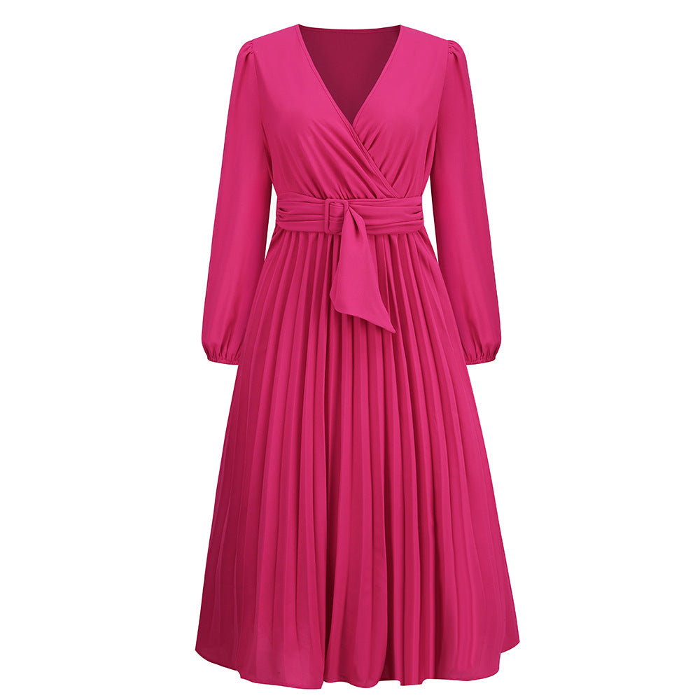 Women's Stylish Long Sleeves, Slim-fit Pleated V-neck Dress