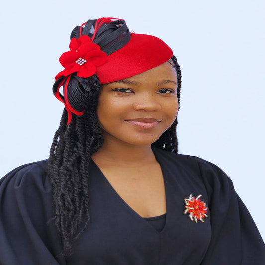Red & Black Fascinator Hat with Flower & Ribbon Loops – Elegant Church & Wedding Headpiece