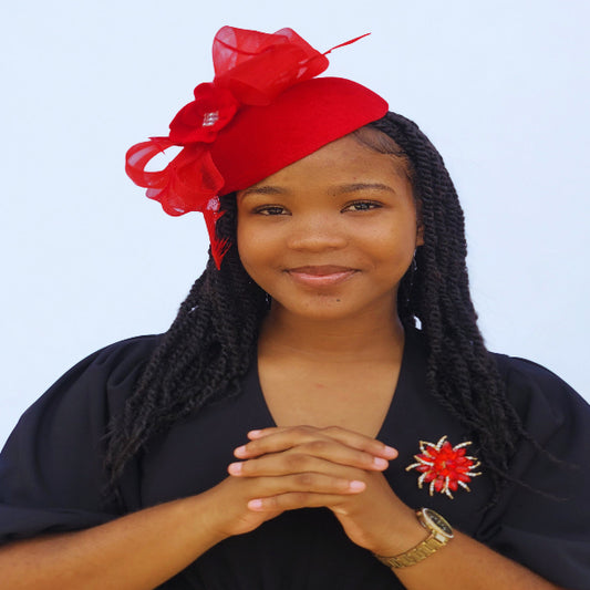 Red Fascinator Hat – Elegant Church &amp; Wedding Headpiece for Women