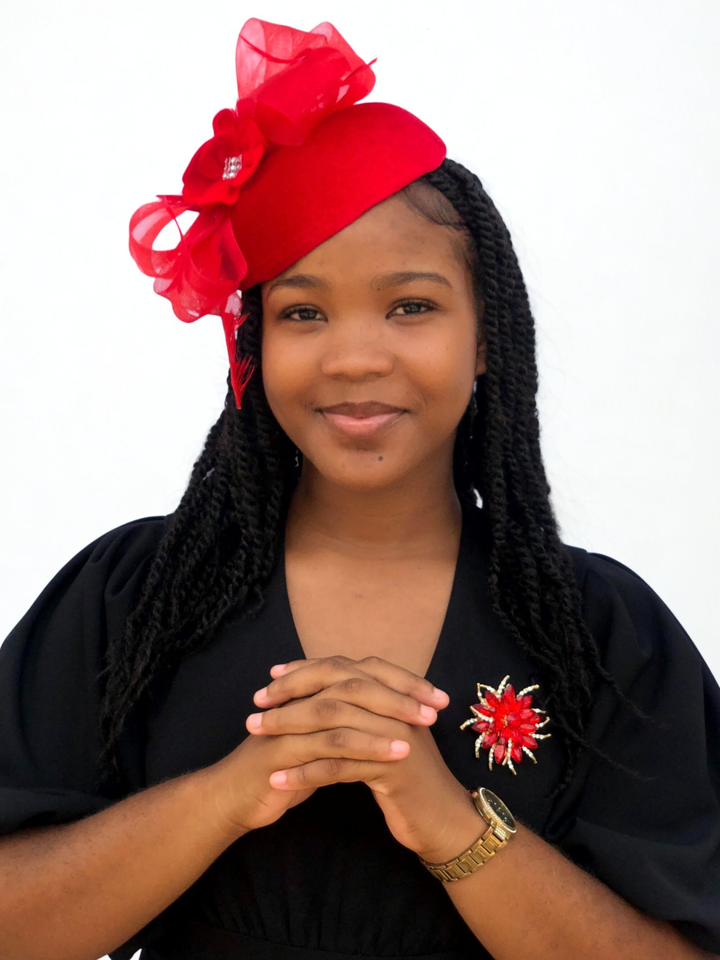 Red Fascinator Hat – Elegant Church &amp; Wedding Headpiece for Women