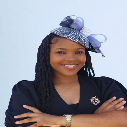 Silver & Black Fascinator Hat with Bow & Crystal Embellishments – Elegant Church & Wedding Headpiece