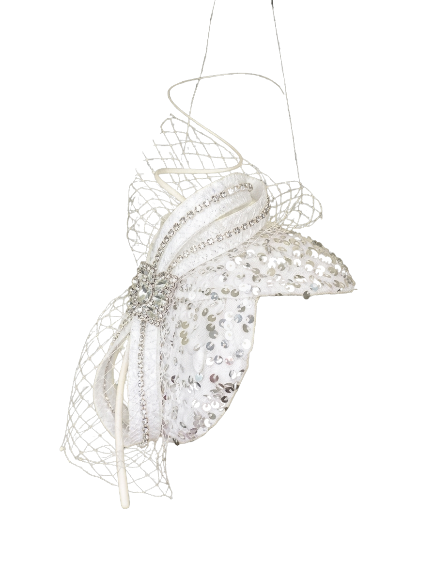Elegant White Velvet Sequin Double Base Fascinator Hat