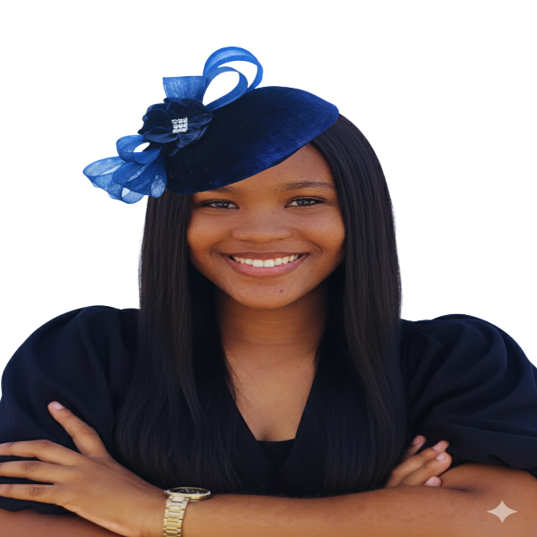 Woman wearing a blue headpiece with a bow on a white background