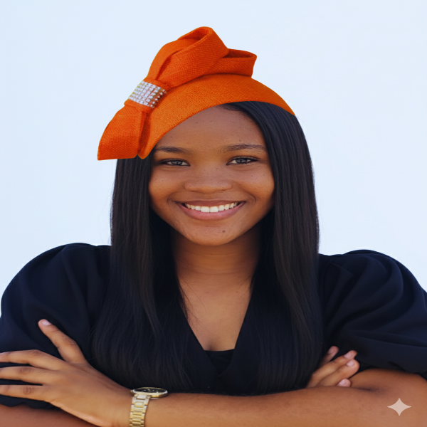 Woman wearing an orange headwrap with a decorative element on a light blue background