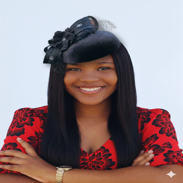 Woman wearing a black hat with a bow and a red floral outfit against a light blue background