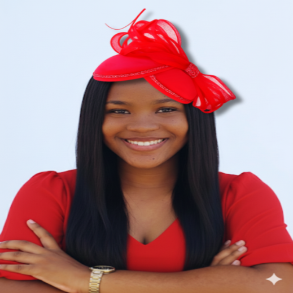 Woman wearing a red hat with a large bow on a light blue background