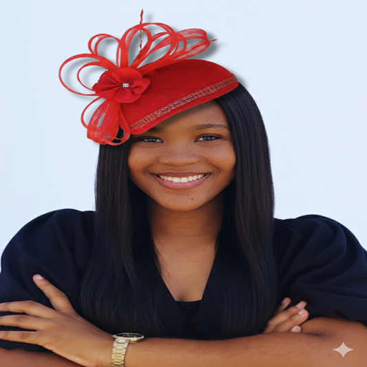 Woman wearing a red decorative hat against a light blue background
