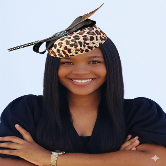 Woman wearing a leopard print hat with feathers on a white background