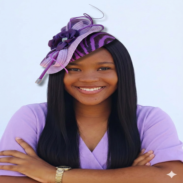 Young woman wearing a purple hat with a floral design against a light blue background