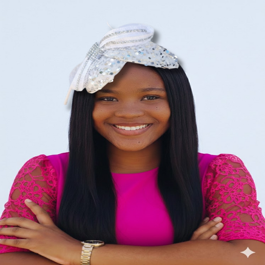 Young girl with a white fascinator and pink top against a light blue background