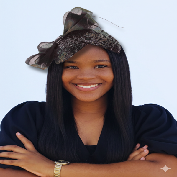 Woman wearing a decorative headband with feathers against a light blue background