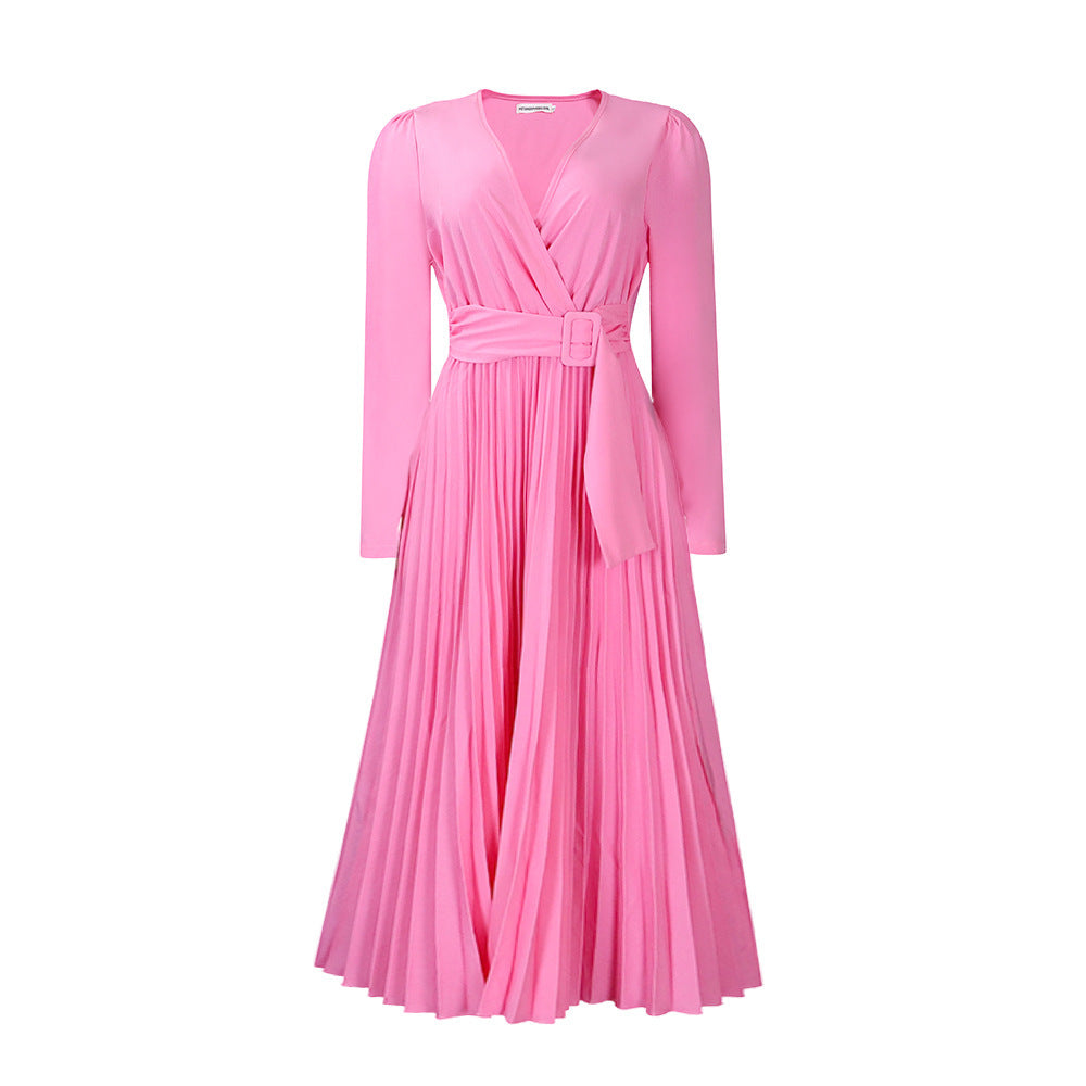 Long Sleeve Solid Color V-neck Pleated Dress