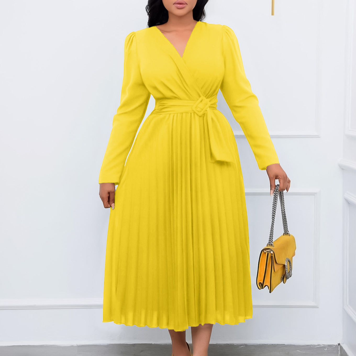Long Sleeve Solid Color V-neck Pleated Dress