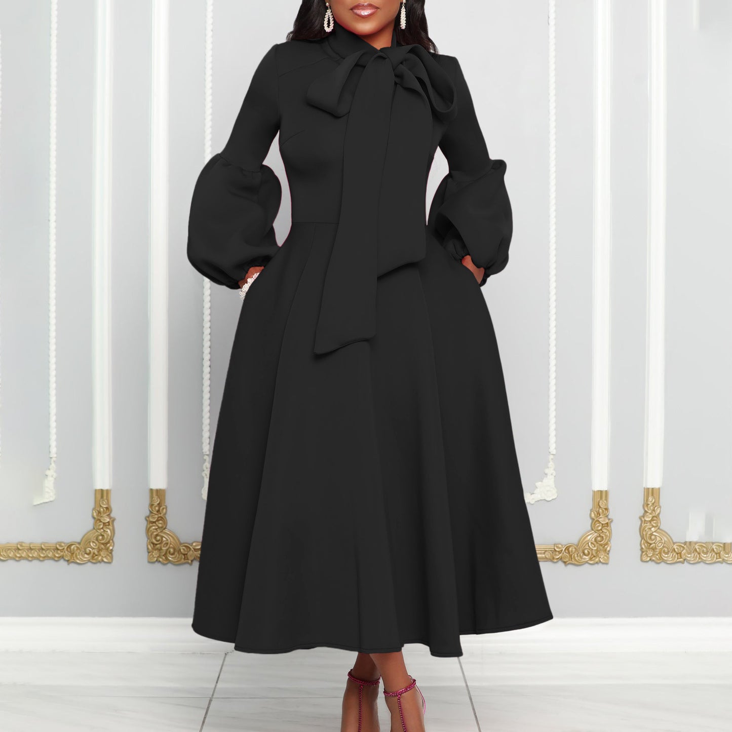 Elegant Puff Sleeve High Waist Dress