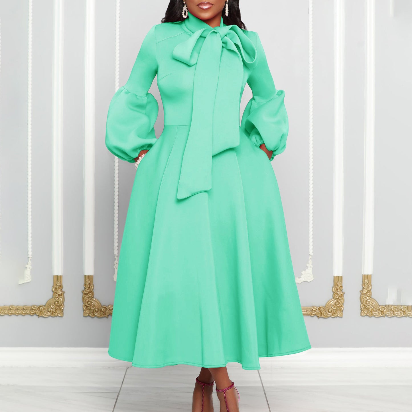 Elegant Puff Sleeve High Waist Dress