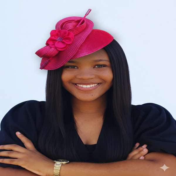 Woman wearing a bright pink fascinator with flowers on a light blue background