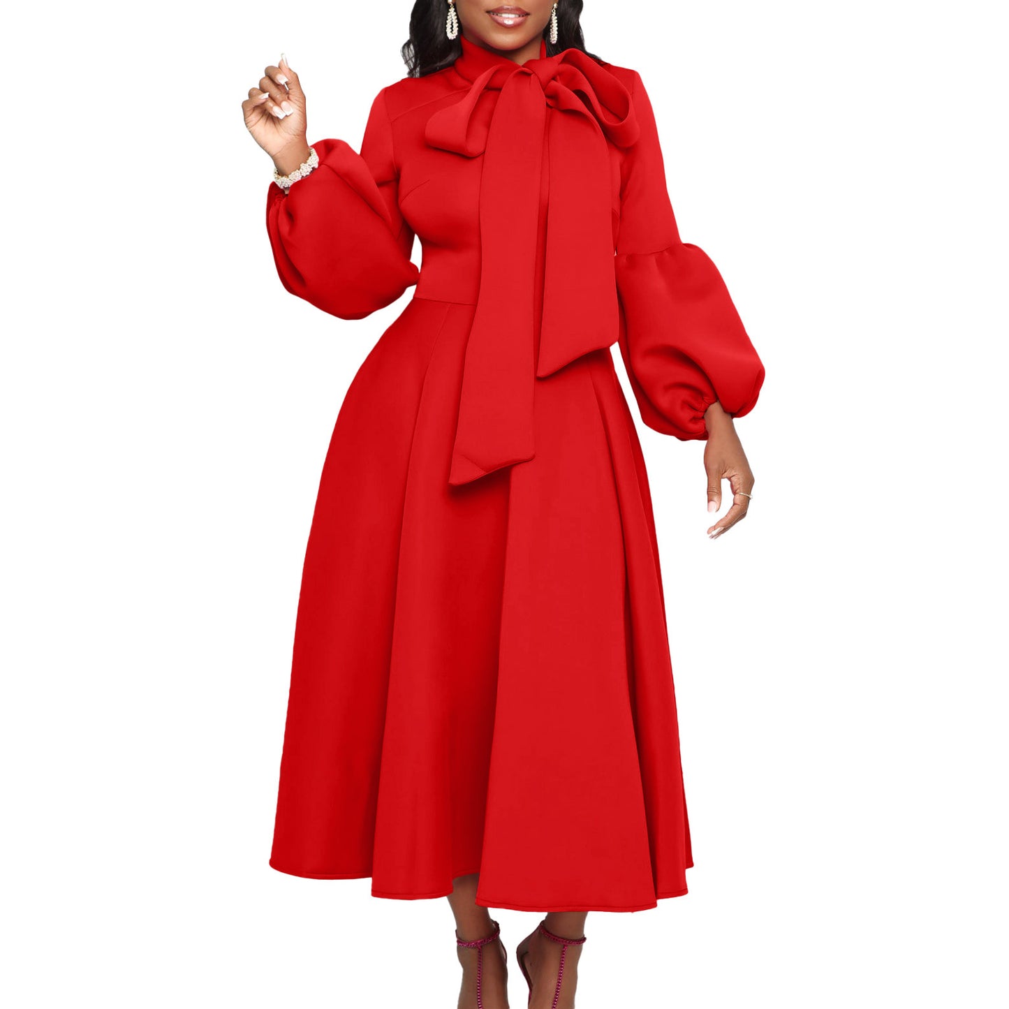 Elegant Puff Sleeve High Waist Dress