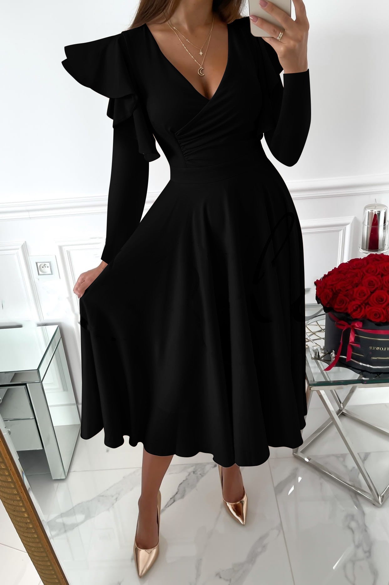 Long Sleeve, V-neck Flounce Sleeve Dress, Women's Clothing