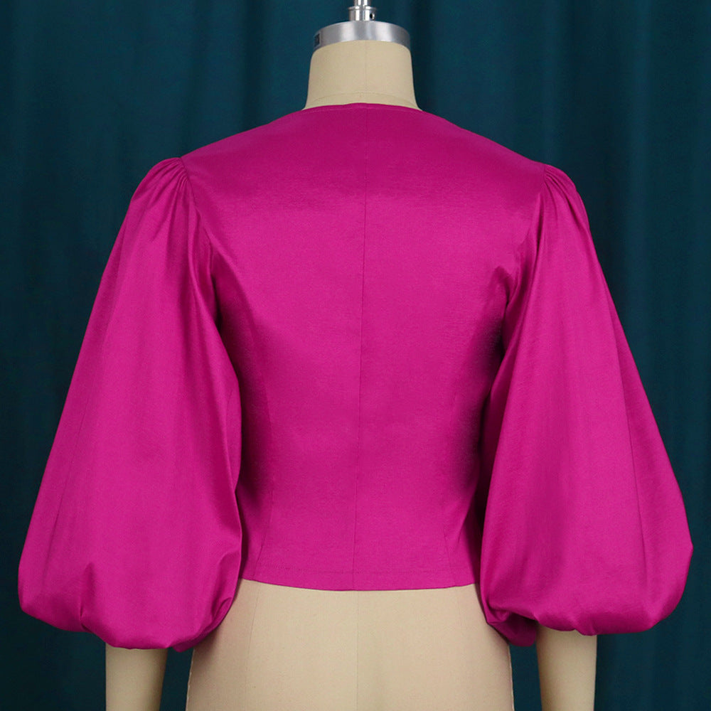 V-Neck Balloon Sleeve Women's Elegant Women's Blouse