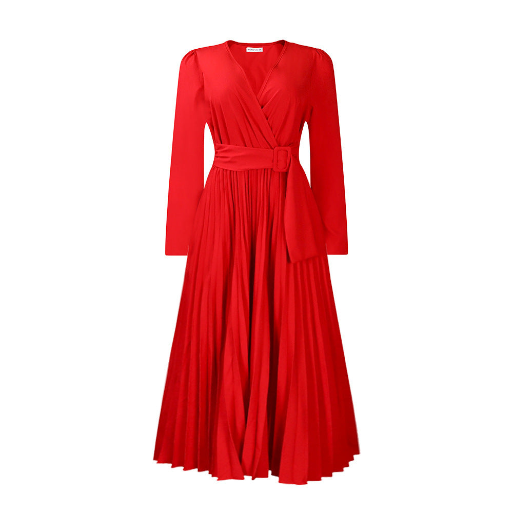 Long Sleeve Solid Color V-neck Pleated Dress