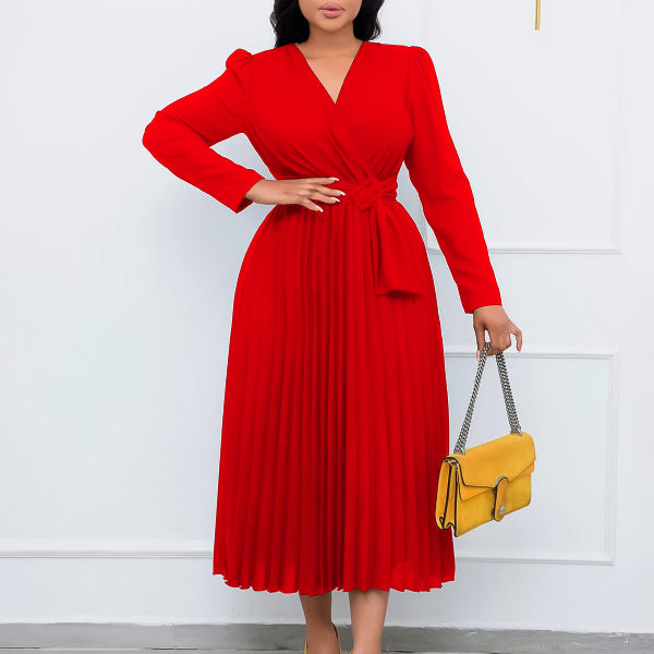 Long Sleeve Solid Color V-neck Pleated Dress