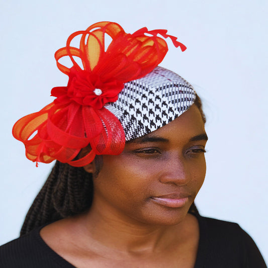 Red & Black Houndstooth Fascinator Hat with Crinoline Loops – Elegant Church & Wedding Hat