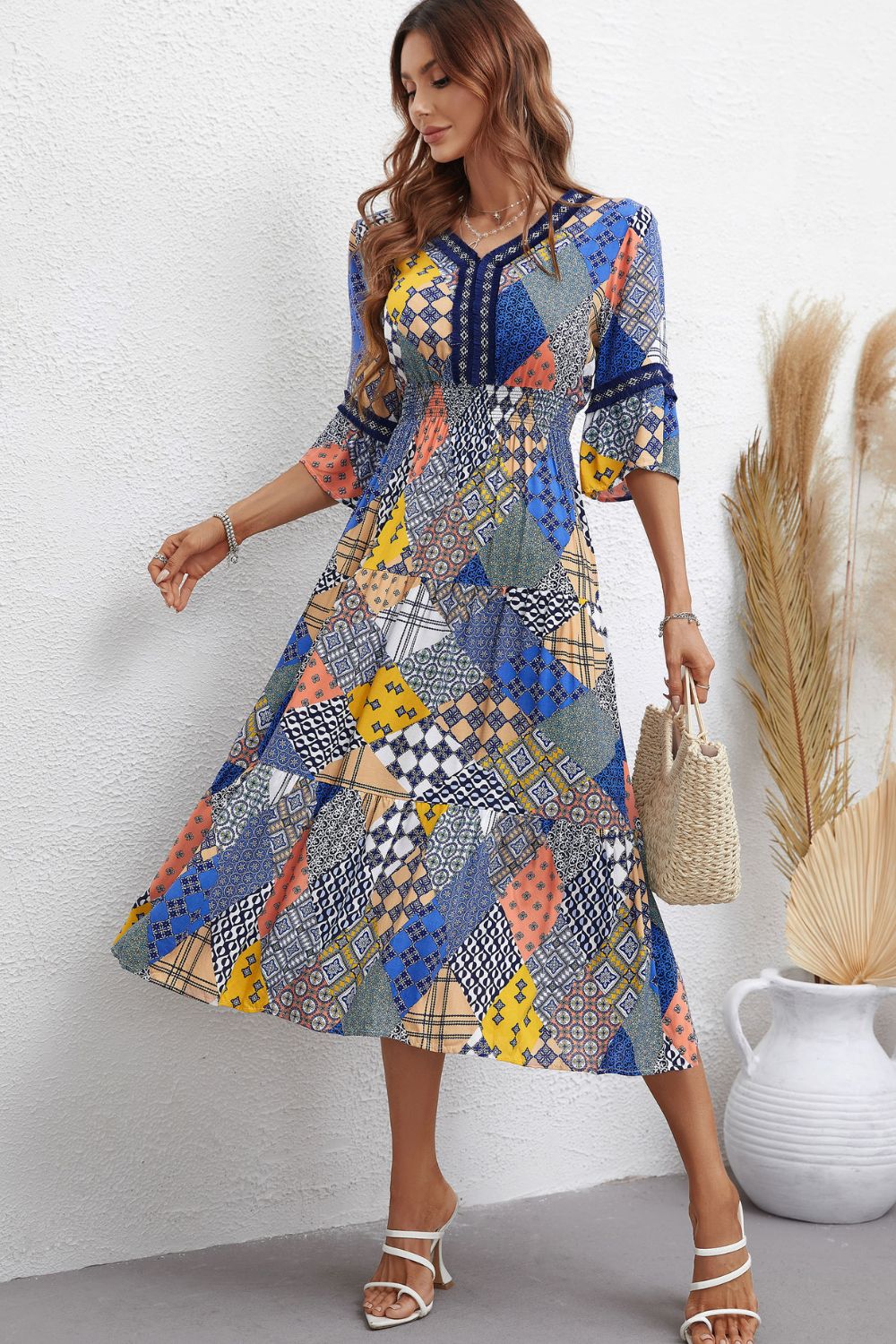 Patchwork V-Neck Tiered Midi Dress