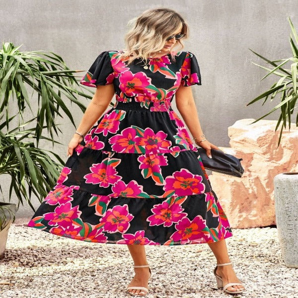 Floral Puff Sleeve Tiered Midi Dress