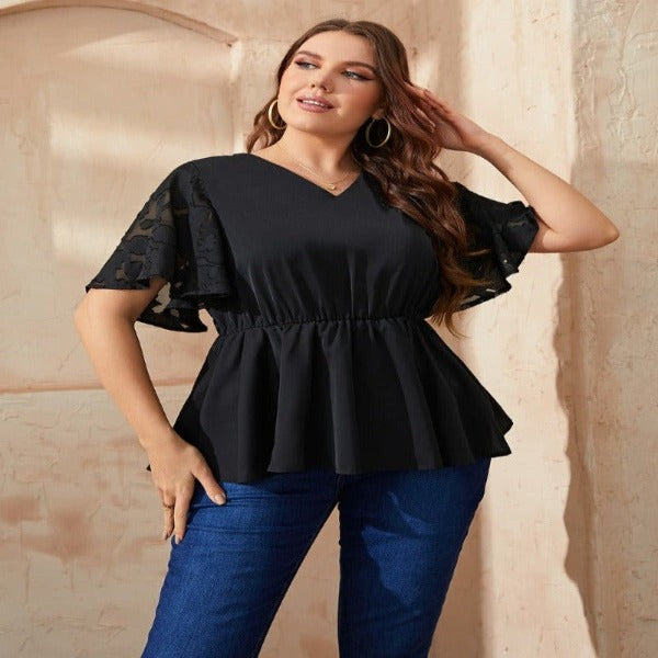 Plus Size V-Neck Flutter Sleeve Babydoll Blouse