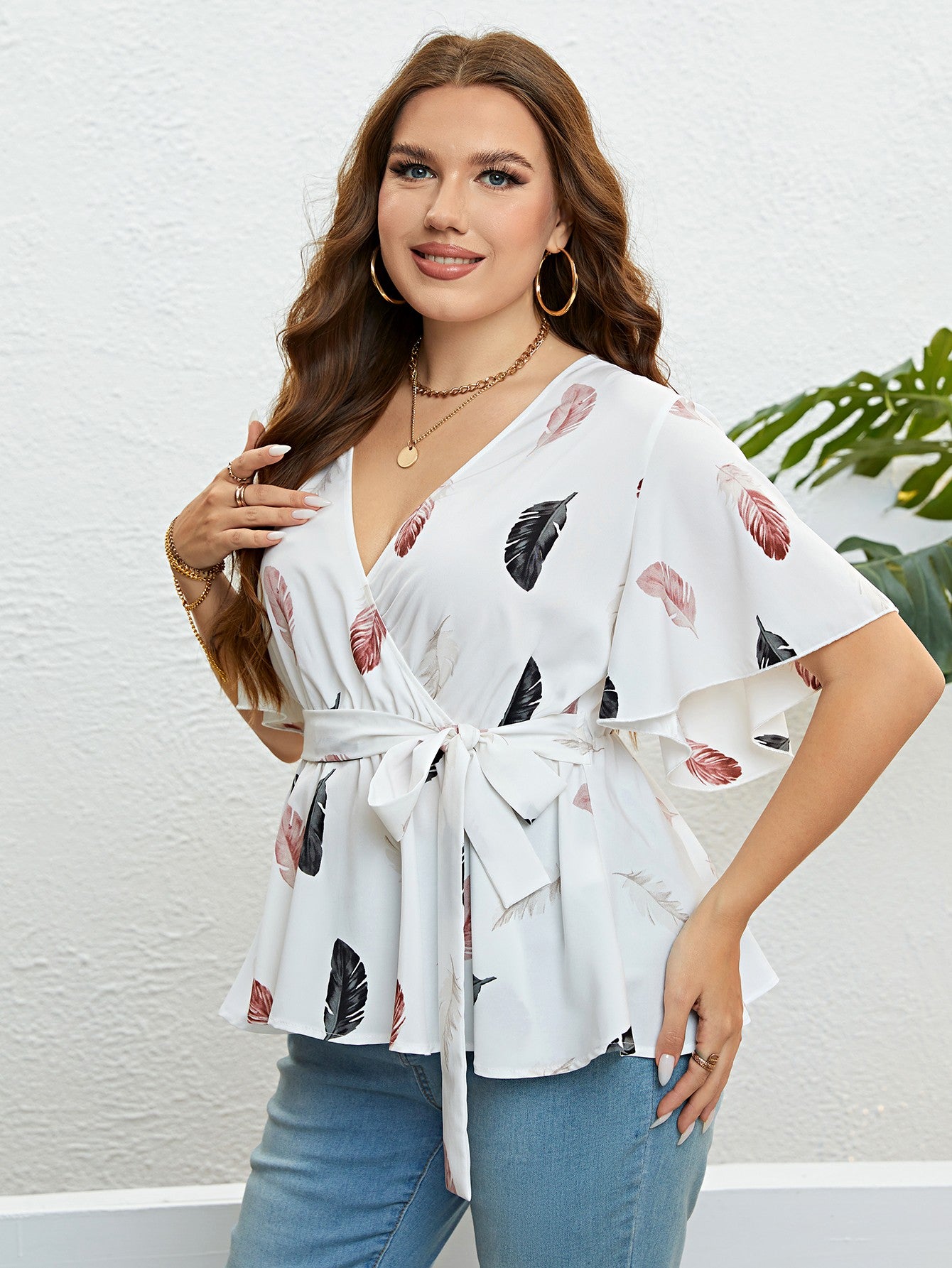 Feather Print Tied Flutter Sleeve Blouse