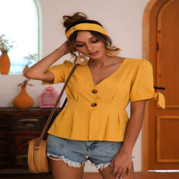 Buttoned V-Neck Short Sleeve Blouse