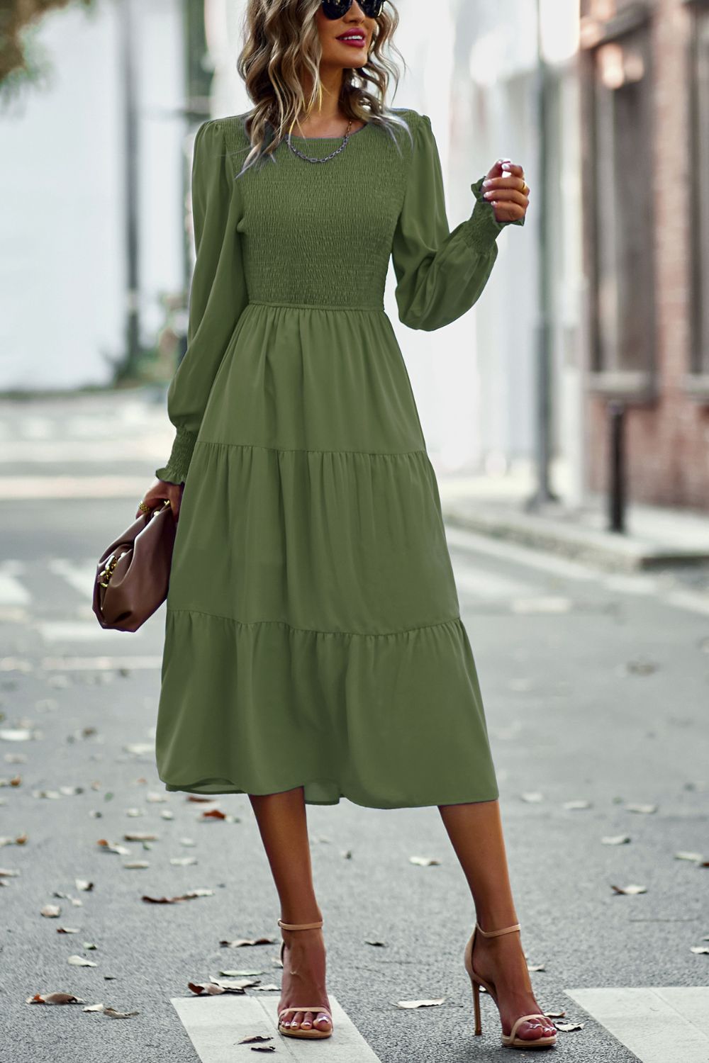 Smocked Long Puff Sleeve Tiered Midi Dress