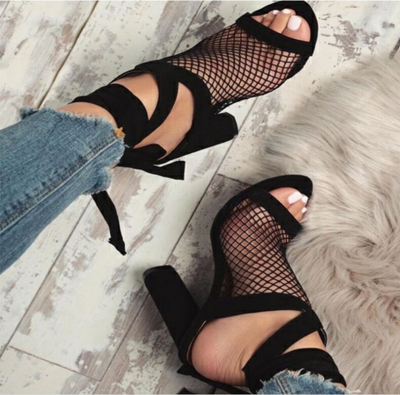 Women Sandals Cross Strap Lace Up High Heels Sandal