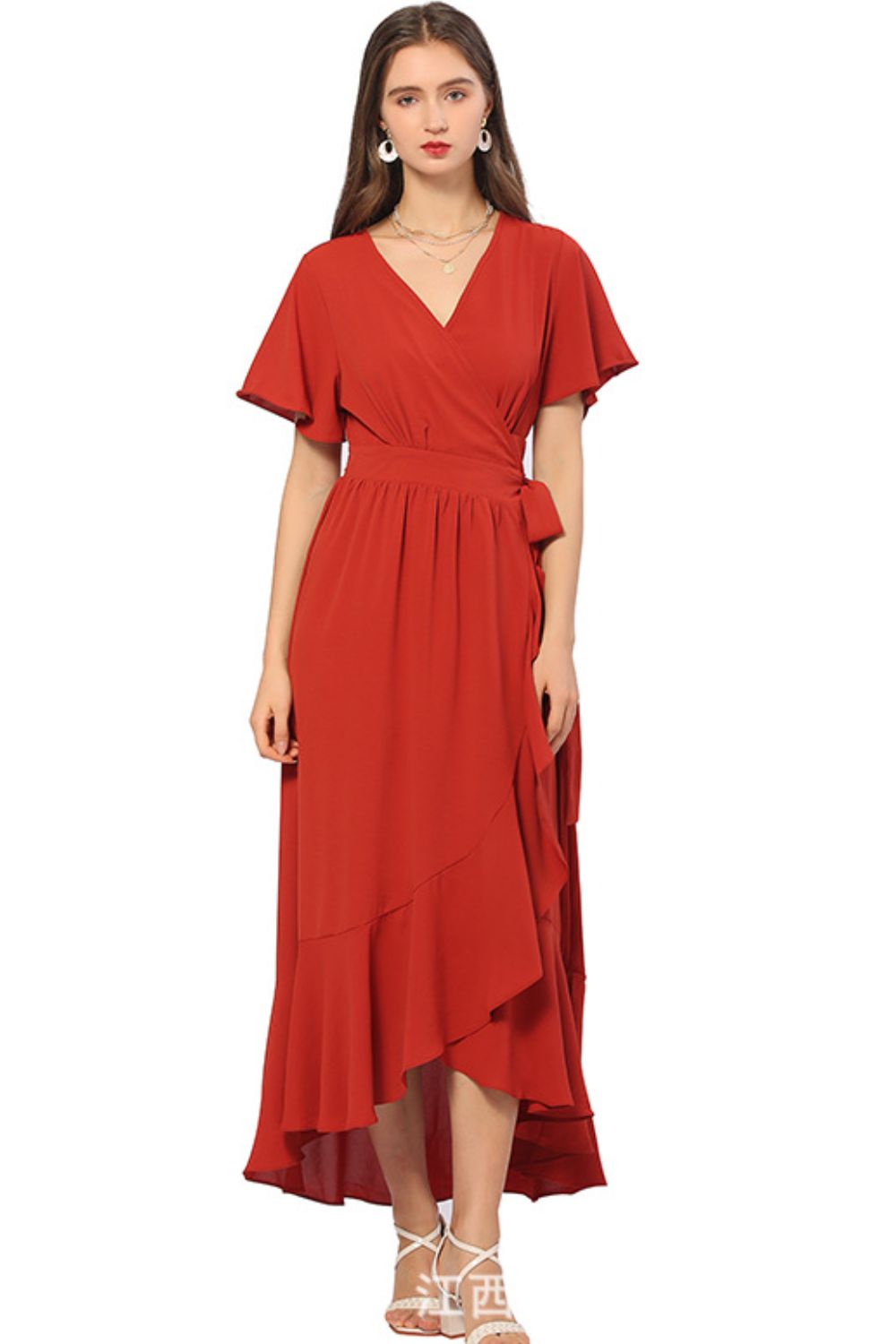 Ruffled Flutter Sleeve Tied Surplice Dress