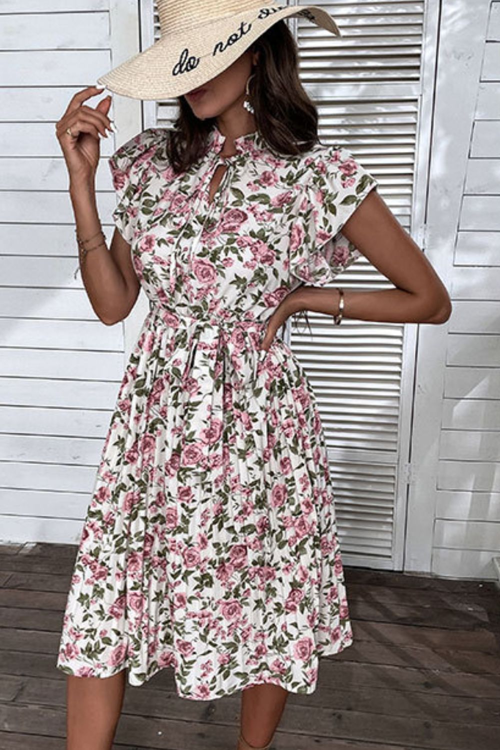 Floral Tie-Neck Flutter Sleeve Midi Dress