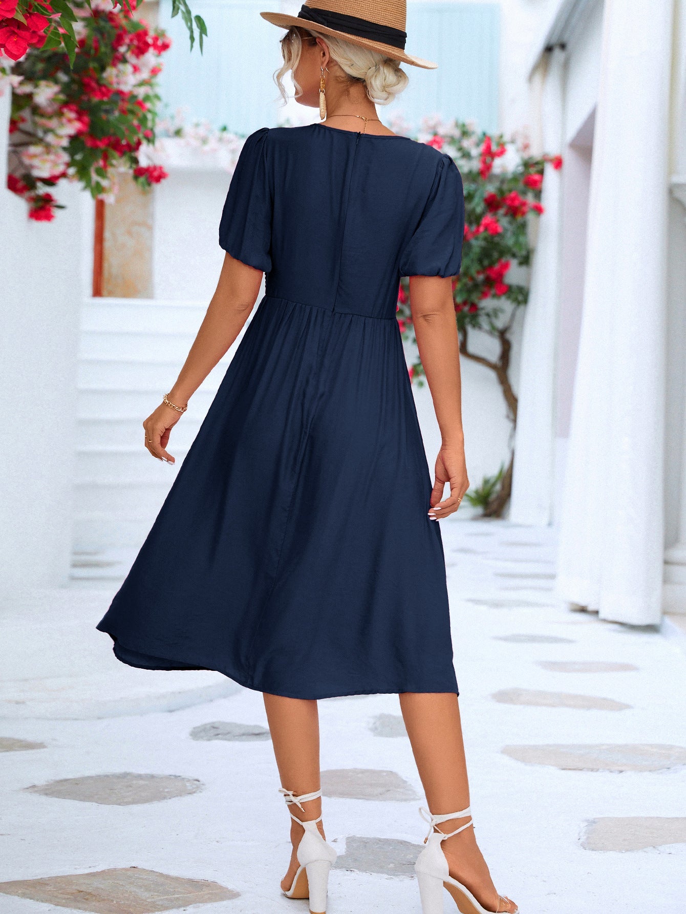 Twisted Short Puff Sleeve V-Neck Dress